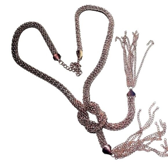 Lariat Style Woven Chain Necklace Tassels Gold tone Vintage 80"s - Picture 3 of 6